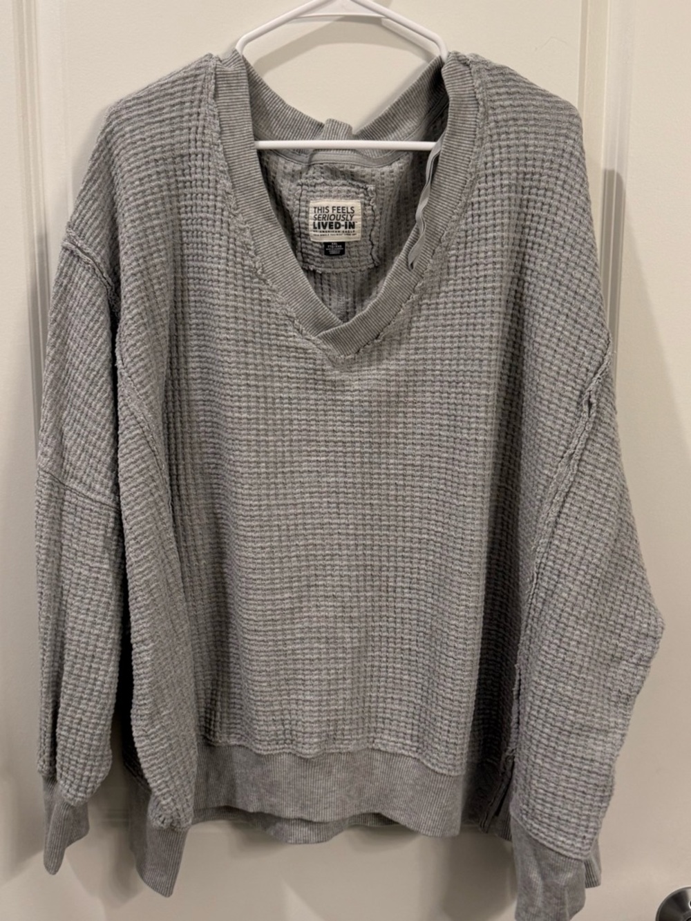 Aerie Gray V-Neck Waffle Knit Sweater